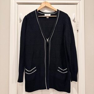 ST. JOHN Cardigan Women’s Large Black White Trim Pockets Cotton Wool Cashmere